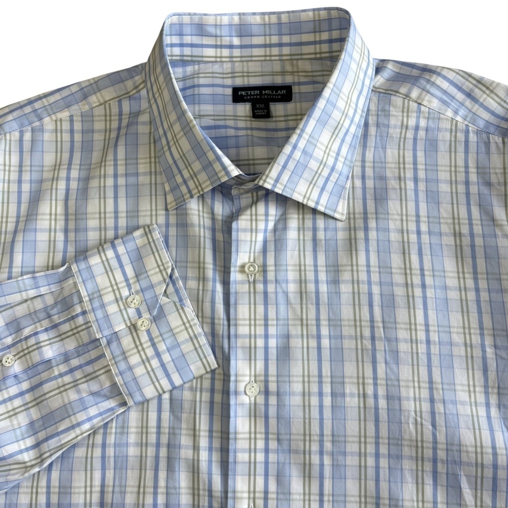 Peter Millar Crown Crafted Plaid Shirt Mens 2XL Blue Long Sleeve Preppy NEW